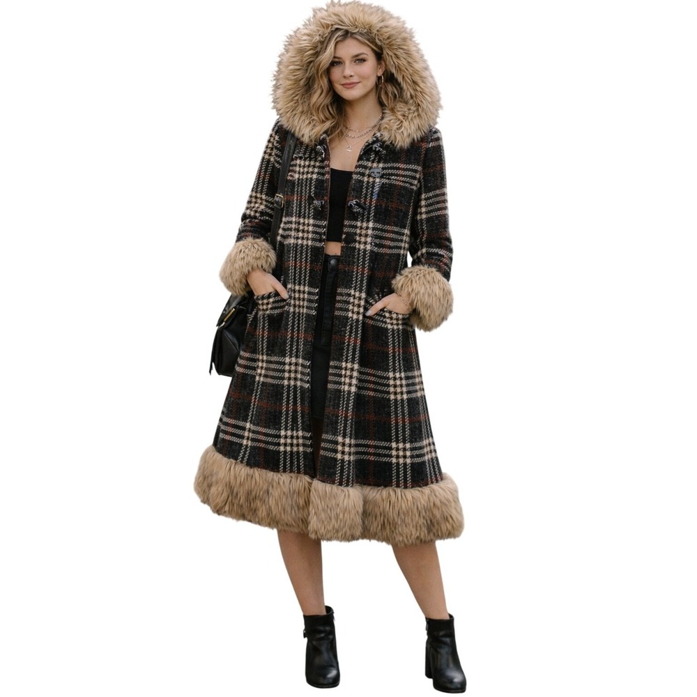 Modcloth Banned‎ Women's Coat Vintage Inspired Plaid Faux Fur Coat Jacket XS